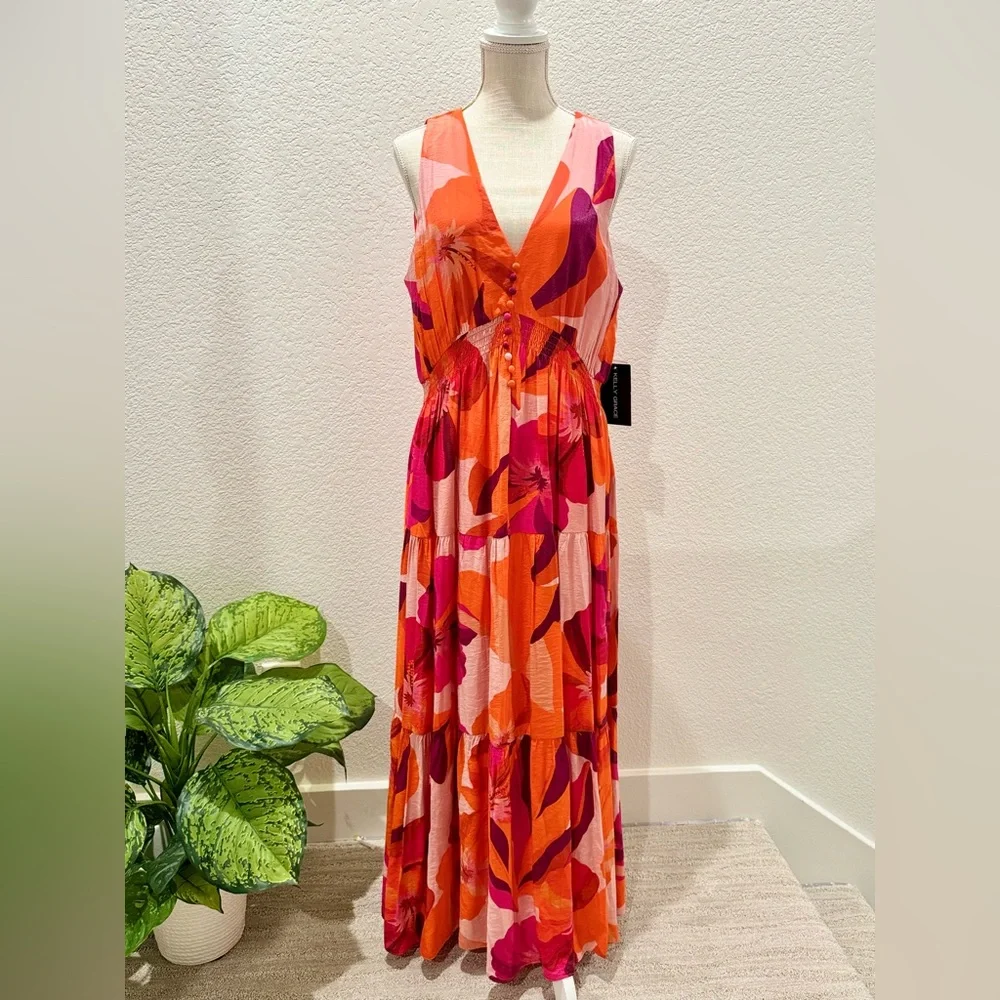 KELLY GRACE - Taylor Tiered Midi Dress - Orange Pink Floral - Size XL - Picture 3 of 8